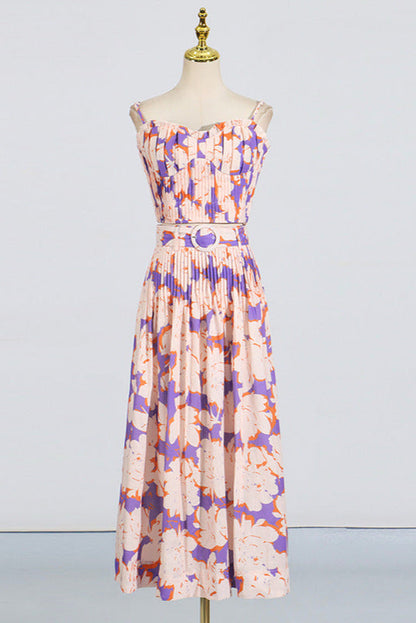 Pleated Floral-Print Linen Bustier Top Skirt Set in Blue