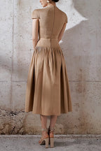 emily v-neck Pleated midi dress in khaki Avalabel