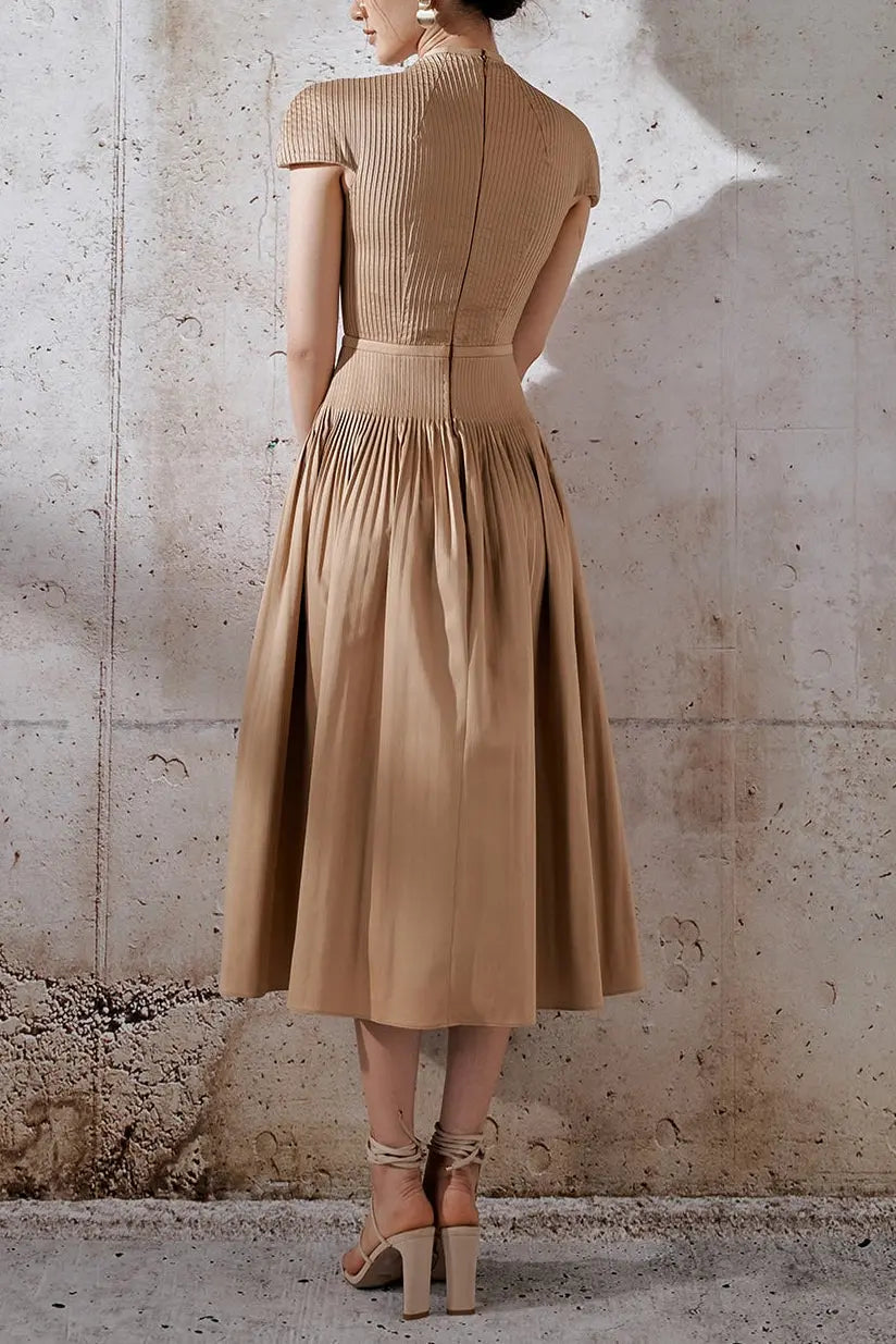 emily v-neck Pleated midi dress in khaki Avalabel