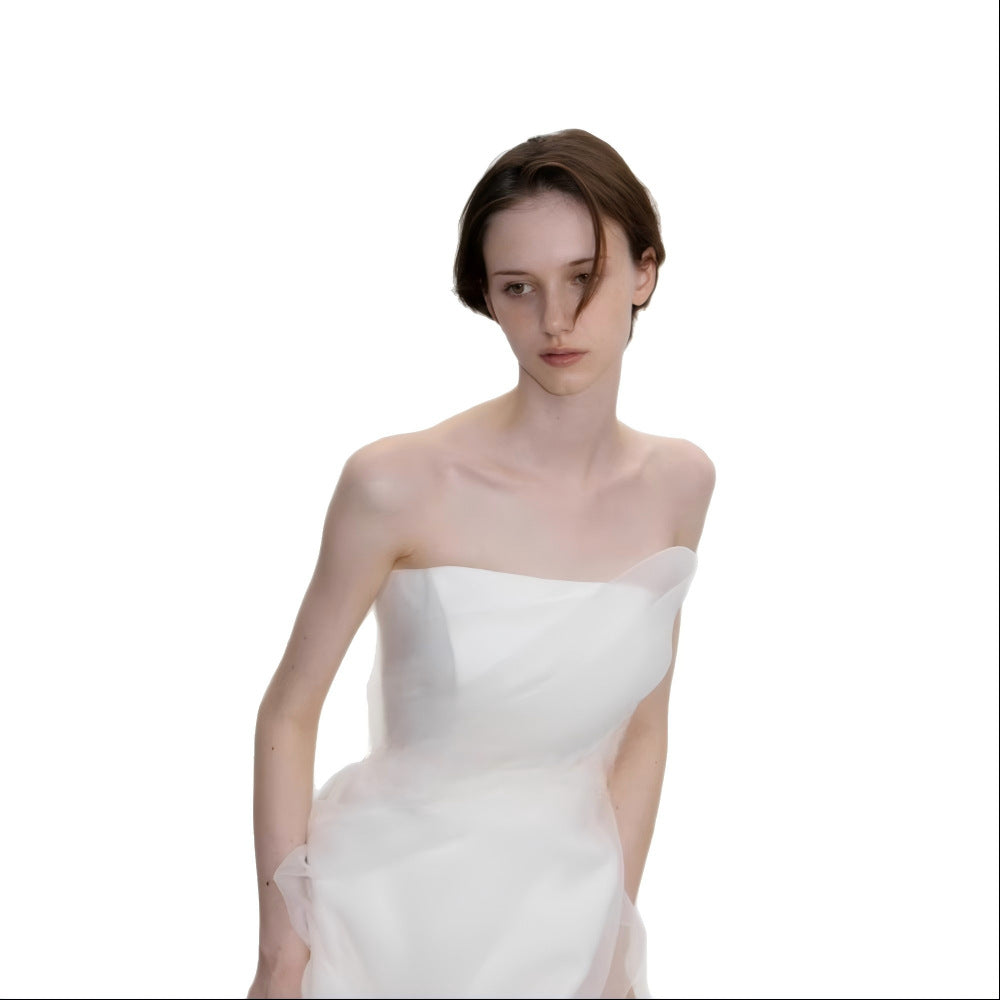 Lyuba White French Lightweight High-End Strapless Slim Fit Simple Maxi Dress Avalabel