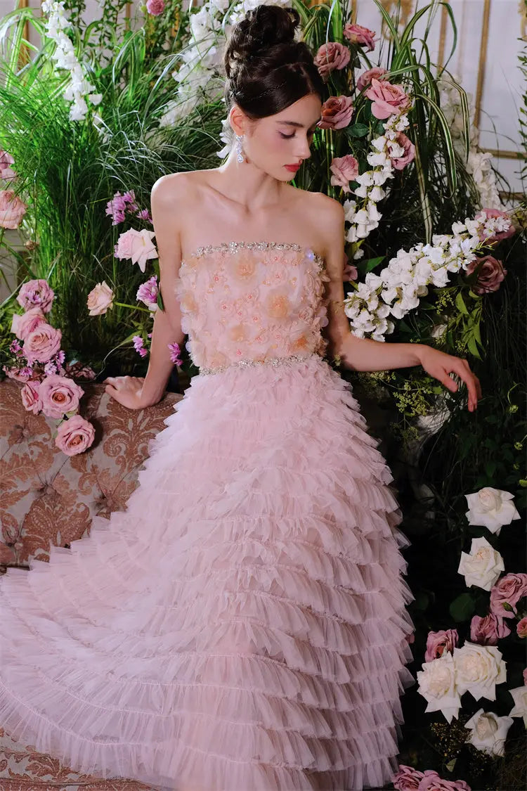 Pink Princess layer ruffle midi floral Embroidery strapless Dress Avalabel