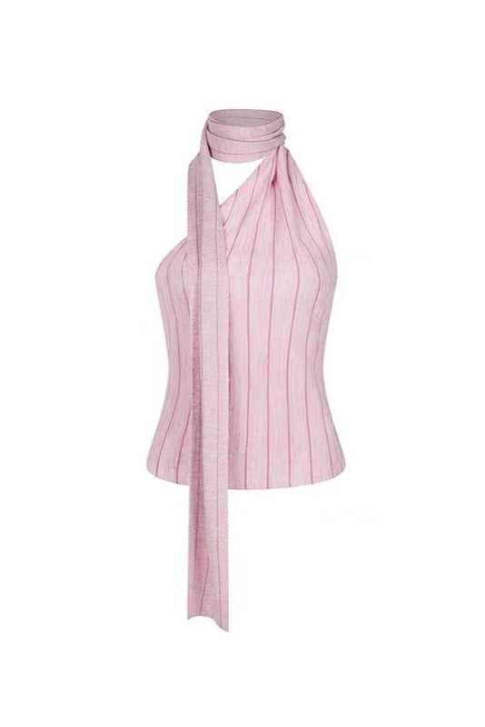 Striped Halterneck Sleeveless Vest in Pink Soraya