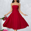 Strapless Side Ruched Flared Midi Dress poava