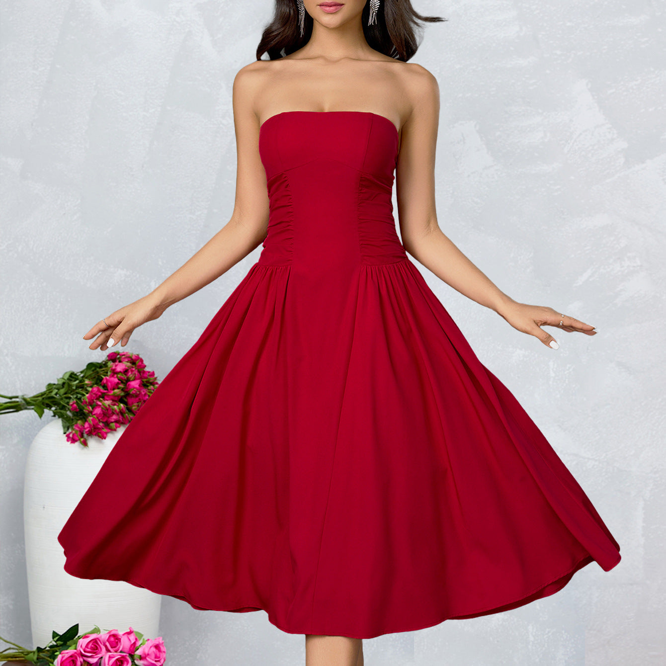 Strapless Side Ruched Flared Midi Dress poava