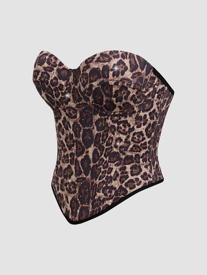 Calista Brown European and American Style Leopard Print Velvet Strapless Camisole Avalabel
