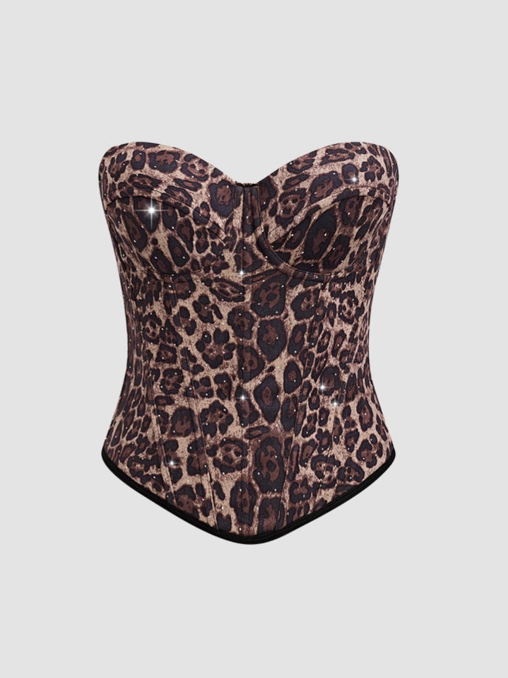 Calista Brown European and American Style Leopard Print Velvet Strapless Camisole Avalabel