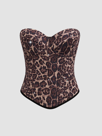 Calista Brown European and American Style Leopard Print Velvet Strapless Camisole Avalabel