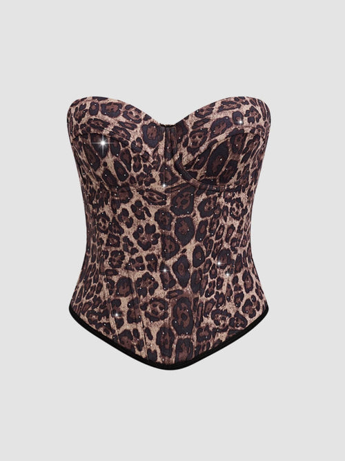 Calista Brown European and American Style Leopard Print Velvet Strapless Camisole Avalabel