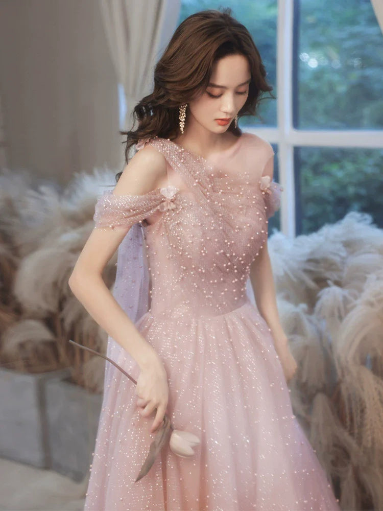 Pink one-shoulder pearl maxi evening dress
