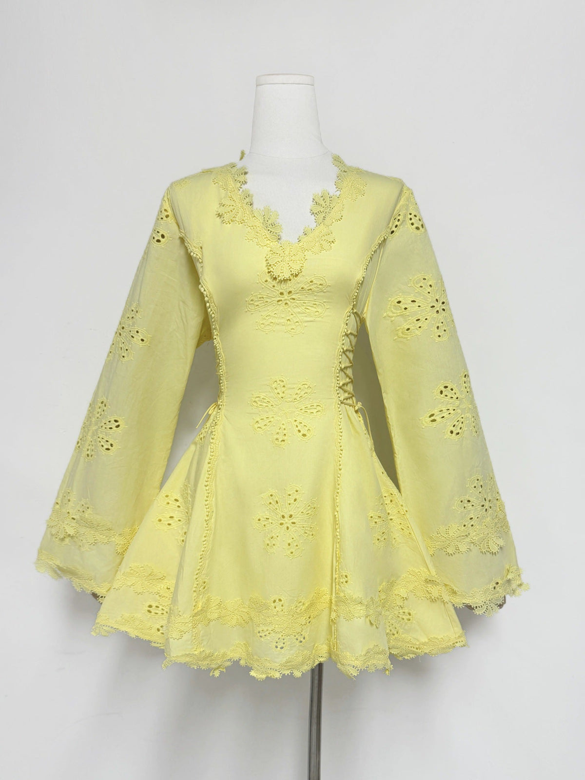 Flower Embroidery Hollow Mini Dress in White Avalabel