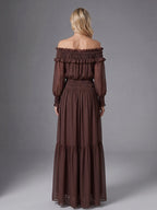 Tiffany Brown Off-Shoulder Long Sleeve Maxi Dress with Ruched Trim Avalabel