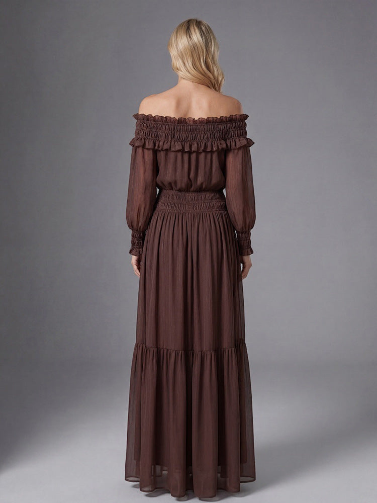 Tiffany Brown Off-Shoulder Long Sleeve Maxi Dress with Ruched Trim Avalabel