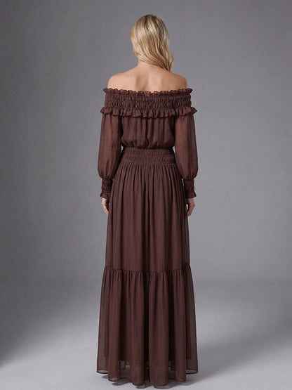 Tiffany Brown Off-Shoulder Long Sleeve Maxi Dress with Ruched Trim Avalabel
