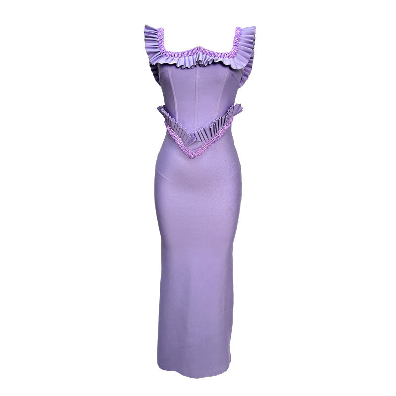 Hermosa Pearl Embellished Square Neck Ruffle Bodycon Maxi Dress - Purple Avalabel