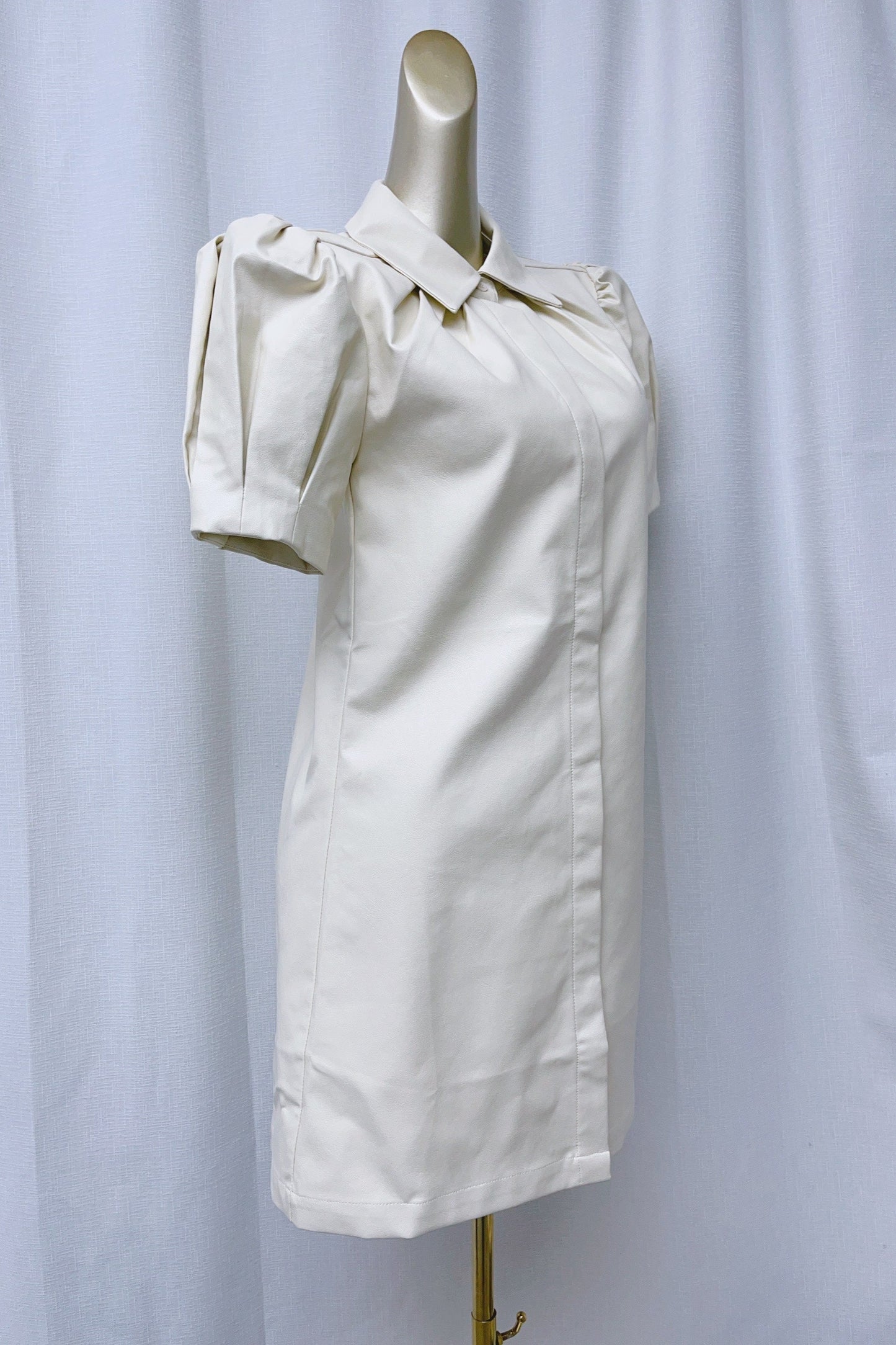 White Lapel Collar Leather Puff Sleeves Mini Dress
