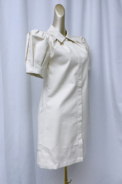 White Lapel Collar Leather Puff Sleeves Mini Dress