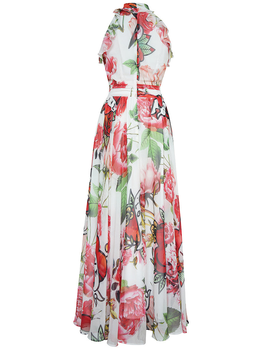 Floral Printed Sleeveless Flowing Large Swing Dress Avalabel