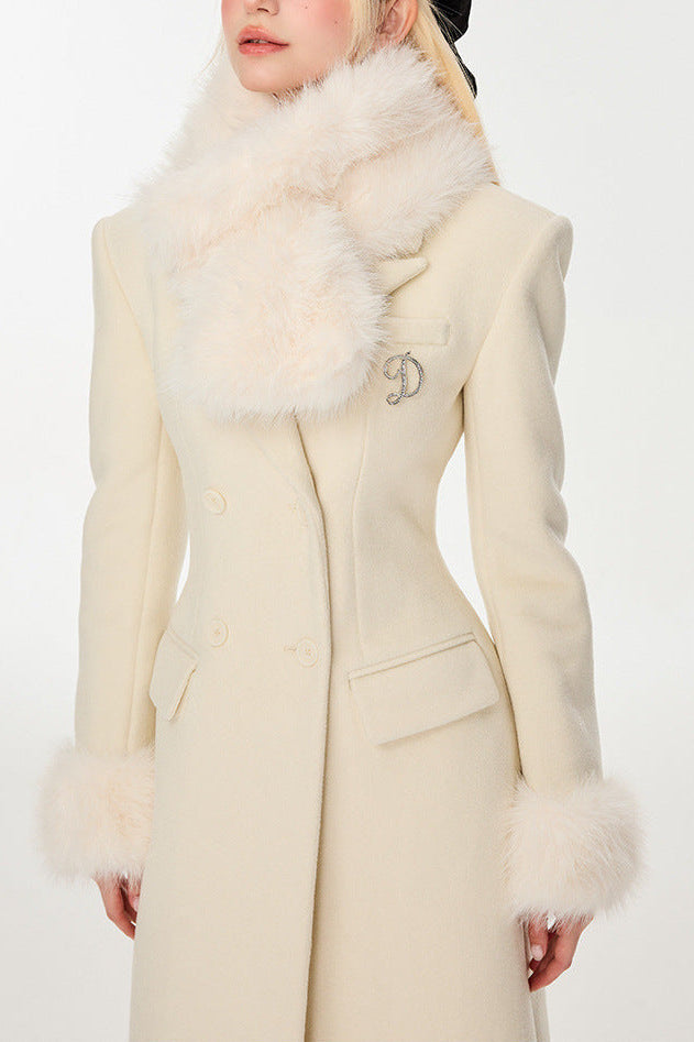 Ivory Slim faux fur mid-length woolen coat Avalabel