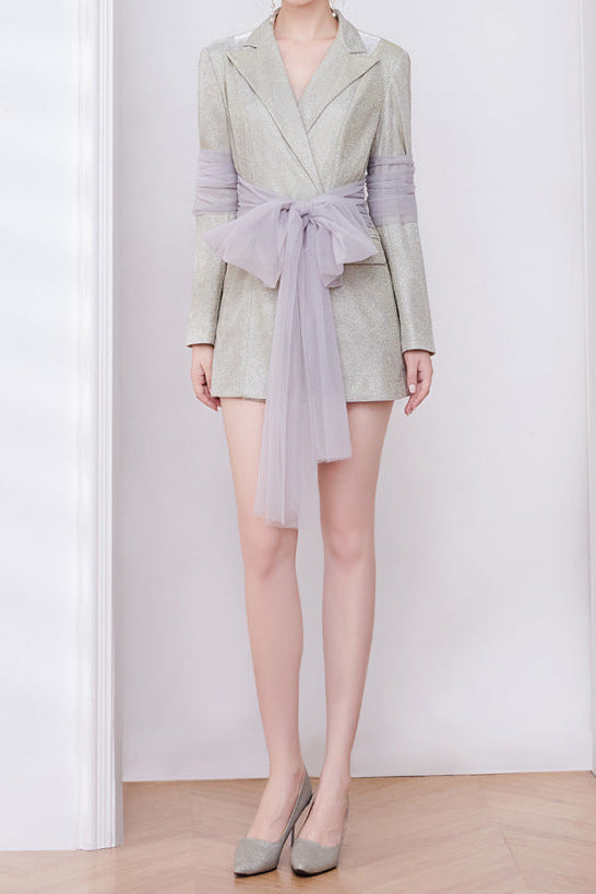 janice Mesh Ribbon Glitter blazer Dress in champagne Avalabel