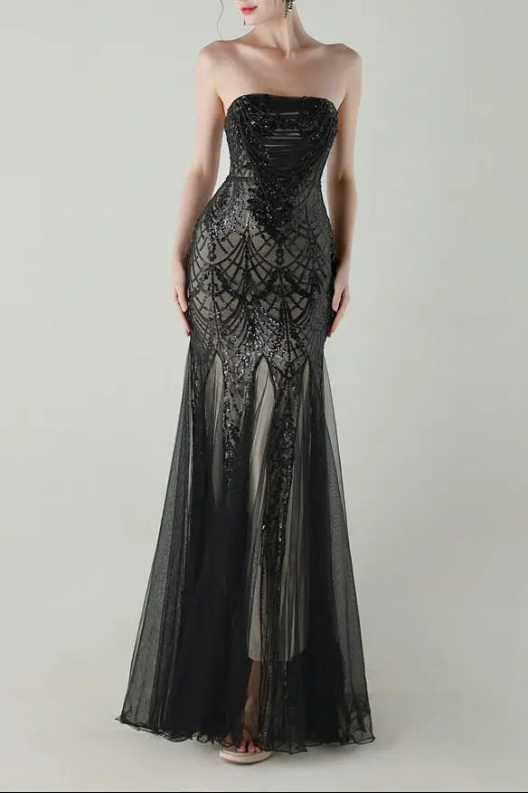 sequin strapless tulle maxi dress Avalabel