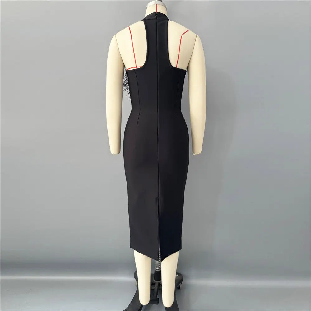 beatrice flower rhinestone feather halter Midi Dress in Black Avalabel