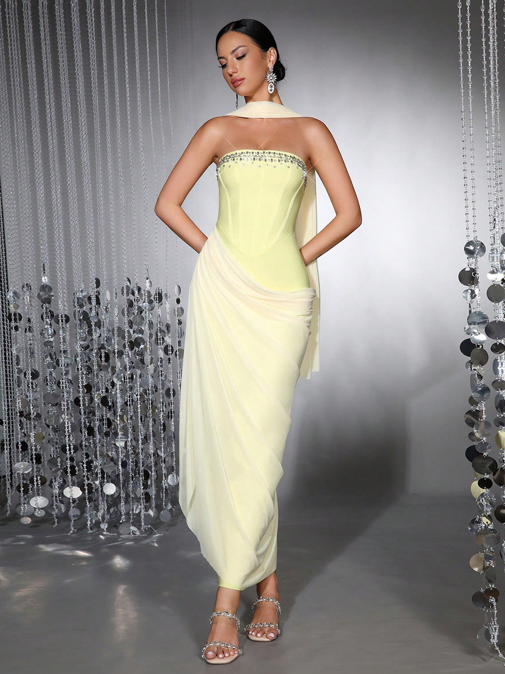 Rhinestone Patchwork Strapless Herringbone Maxi Dress - Yellow Avalabel