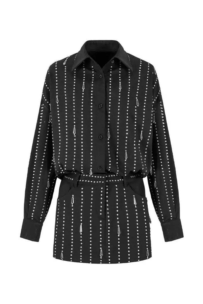victoria Collar Rhinestone Shirt mini Dress in black Avalabel