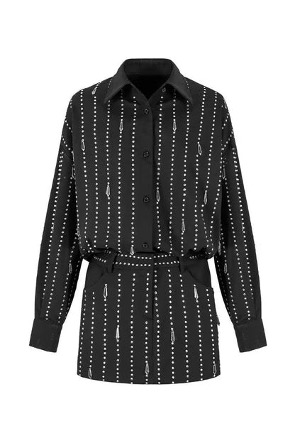 victoria Collar Rhinestone Shirt mini Dress in black