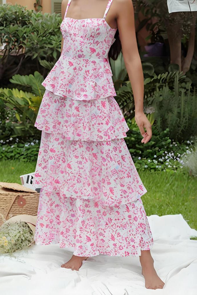 Zara Floral Print Layered Strappy Maxi Dress in Pink Avalabel