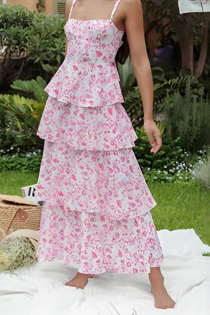 Zara Floral Print Layered Strappy Maxi Dress in Pink