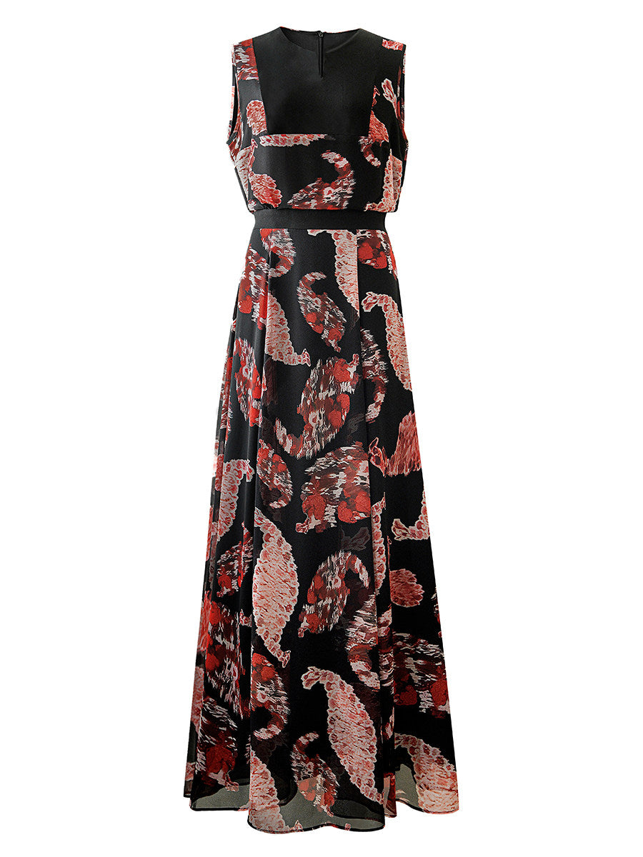 Black Printed  V-neck Sleeveless Maxi Dress Avalabel