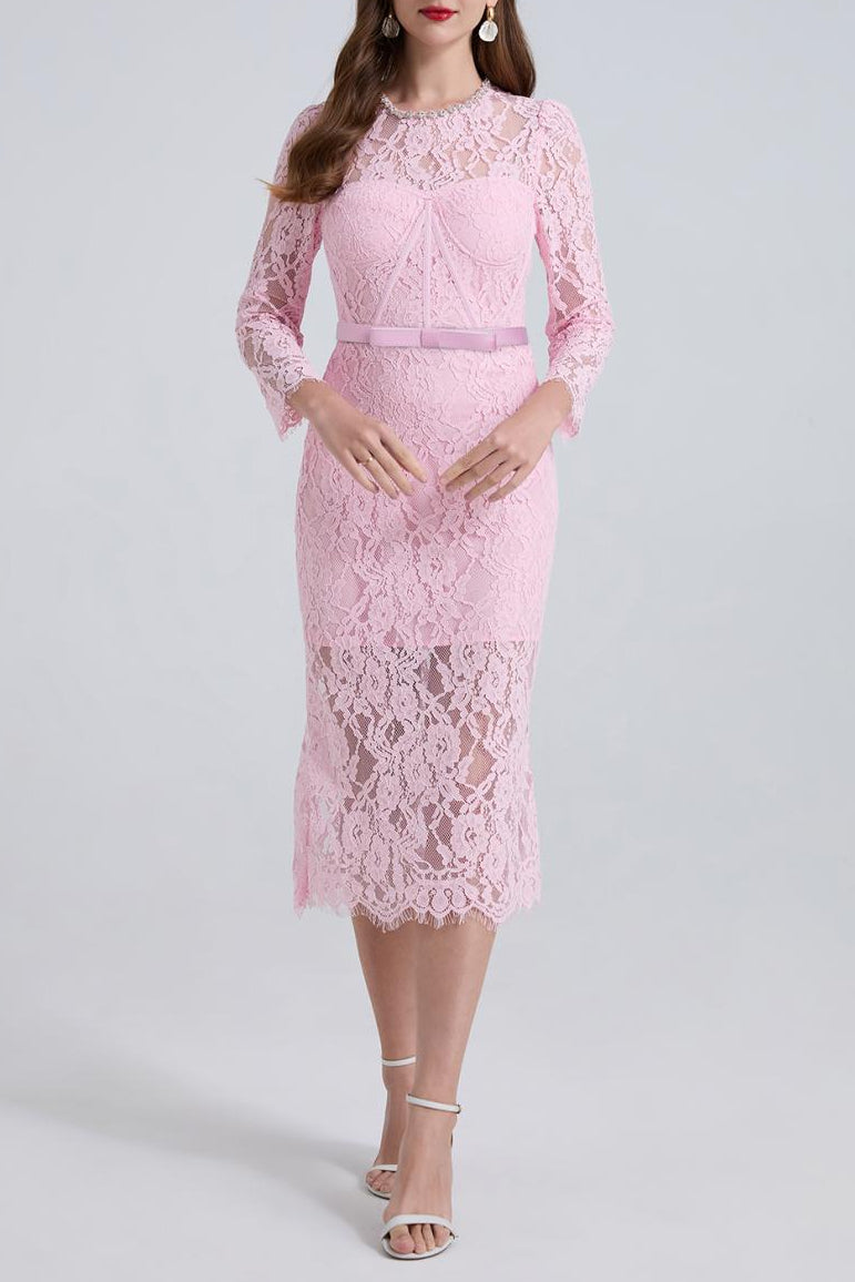 Bernice Rhinestone Fishbone Lace Midi Dress in Pink Avalabel