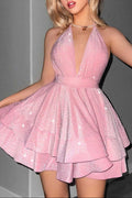 virginia A Line Halter  Tiered mini Dress in pink Avalabel