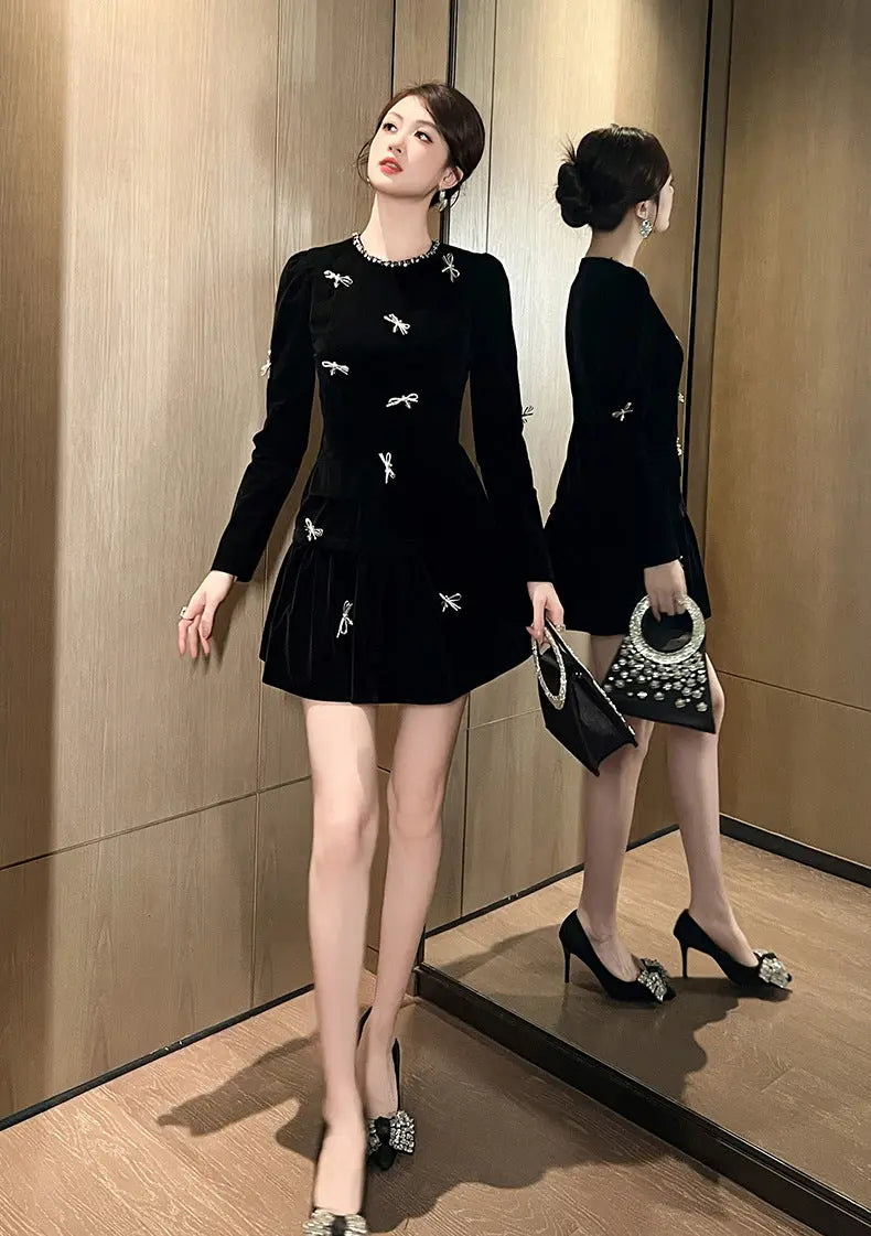 xaviera rhinestone embellishment velvet mini dress in black Avalabel