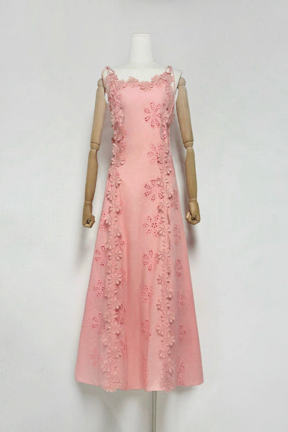 Lace Trim Embroidery Hollow Midi Dress in White