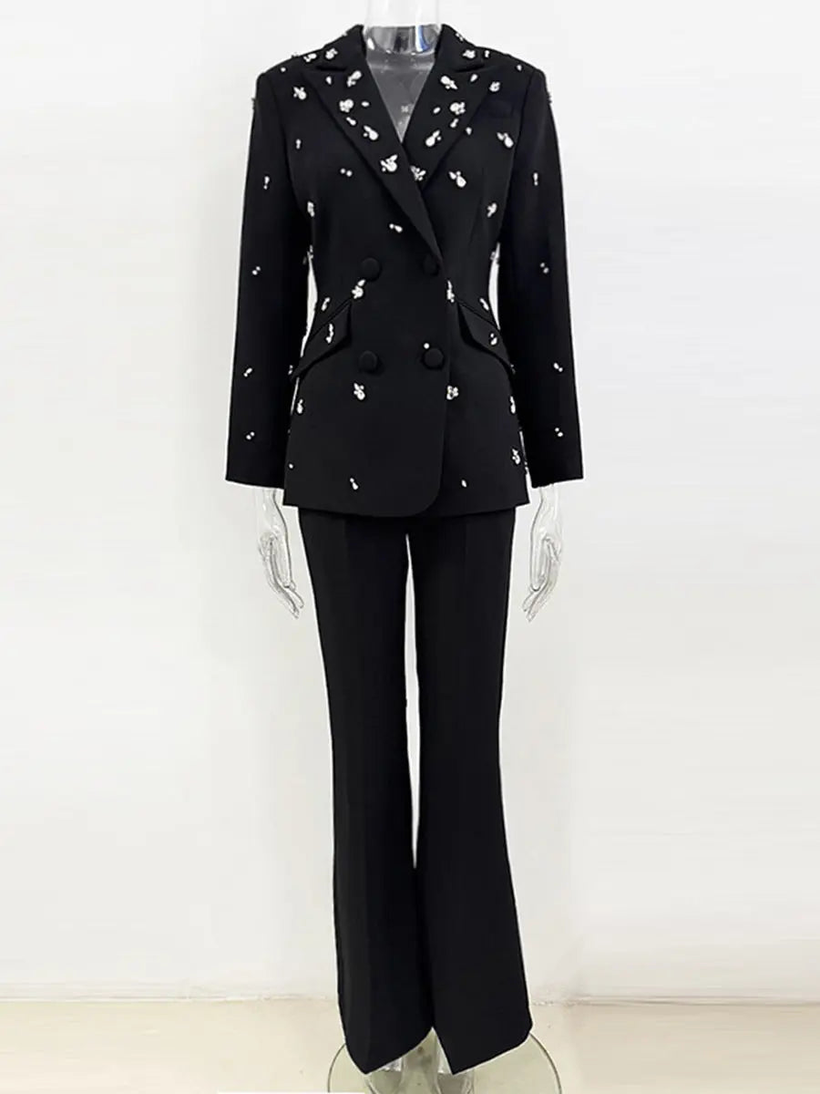myra black Straight Flared Velvet Floor Length Pants rhinestone blazer set Avalabel