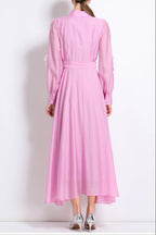 Sally Lapel Embroidered Appliqué Midi Dress in Pink Soraya