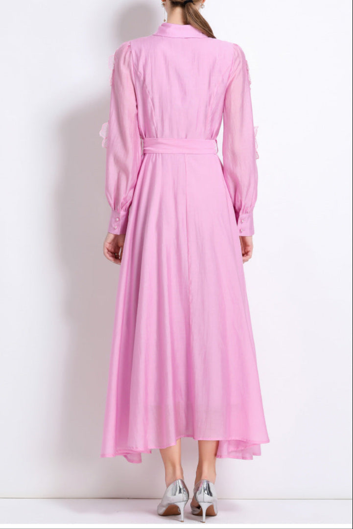 Sally Lapel Embroidered Appliqué Midi Dress in Pink Soraya