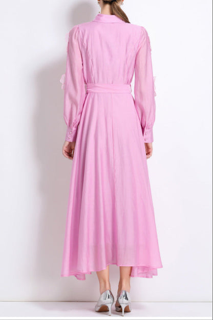 Sally Lapel Embroidered Appliqué Midi Dress in Pink
