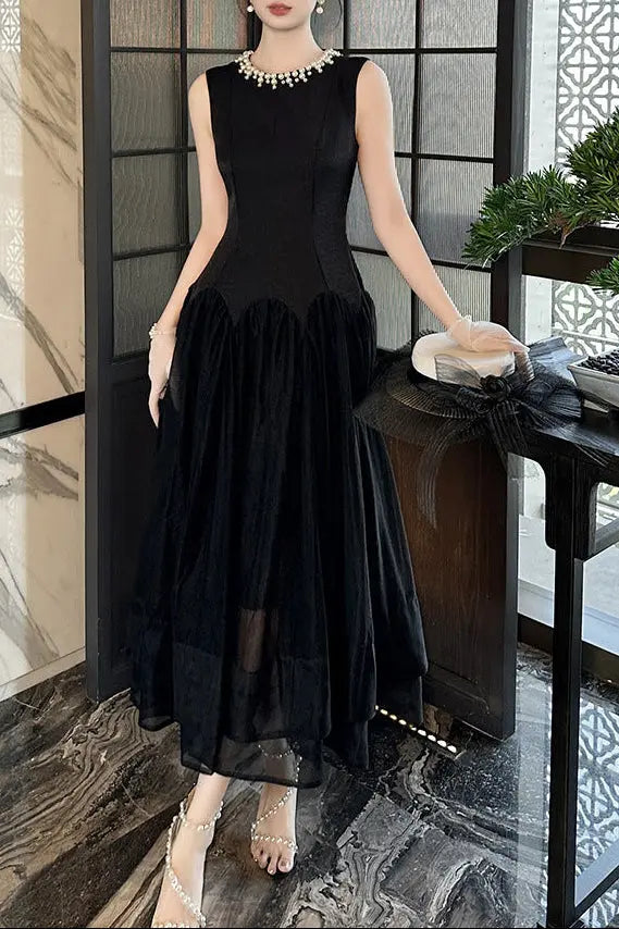 Mandy Black Pearl Neck Sleeveless Puffy Maxi Dress Avalabel