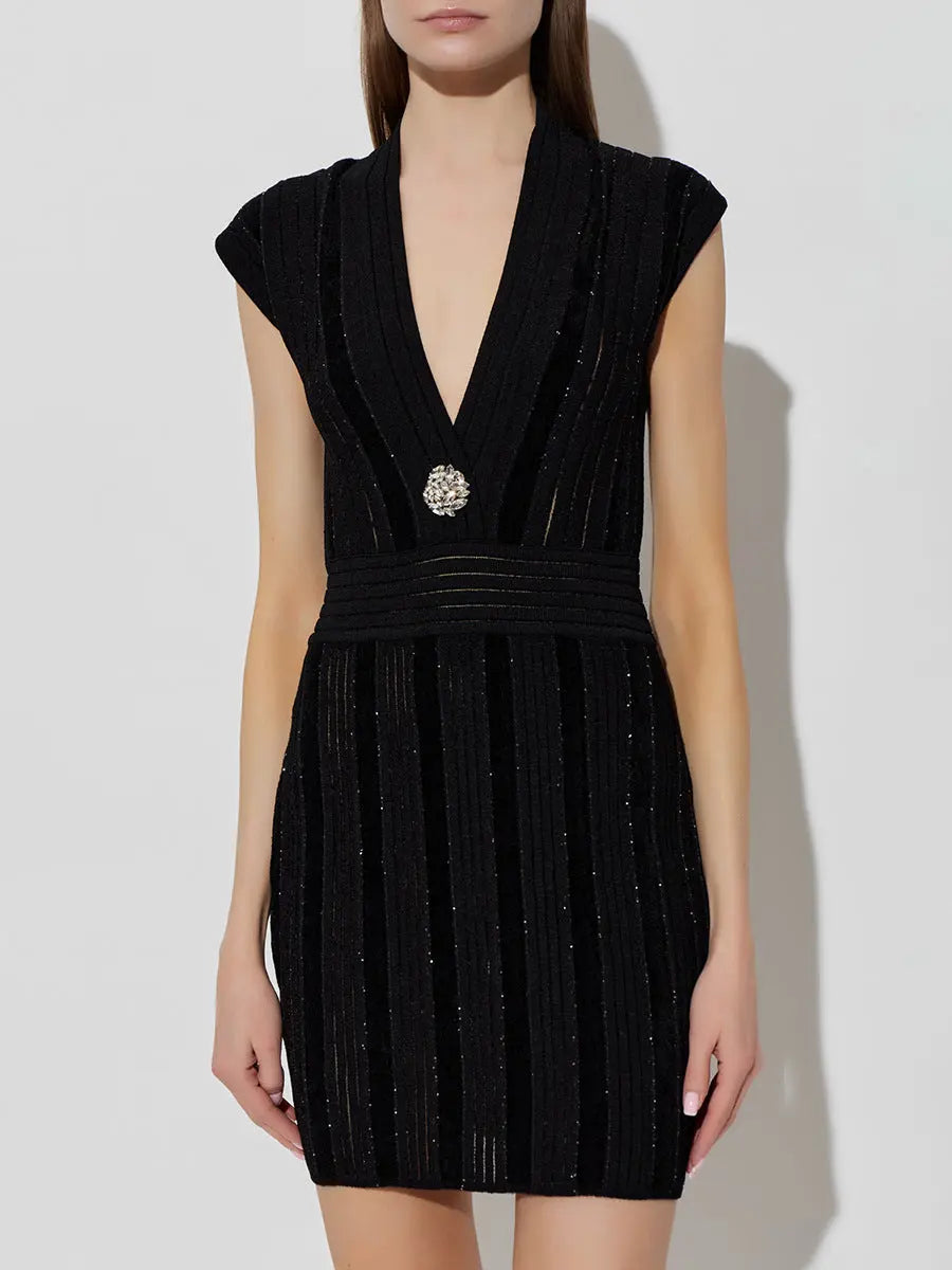 Sabrina Black V-Neck Mini Dress with Shimmering Sequins Avalabel
