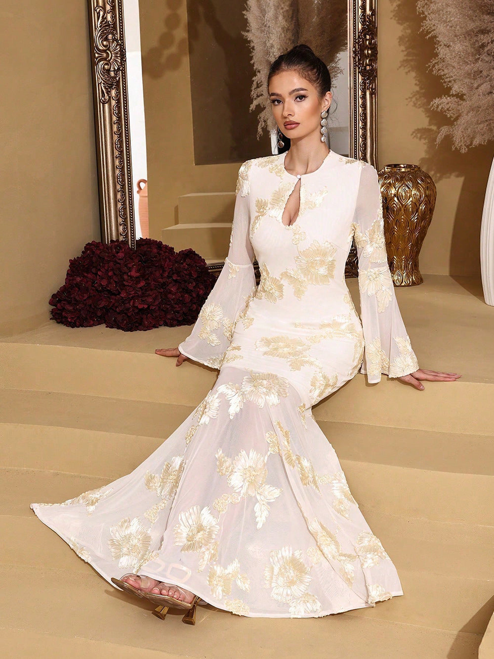 Trumpet sleeve hip-hugging mesh embroidery maxi dress in pale yellow Avalabel