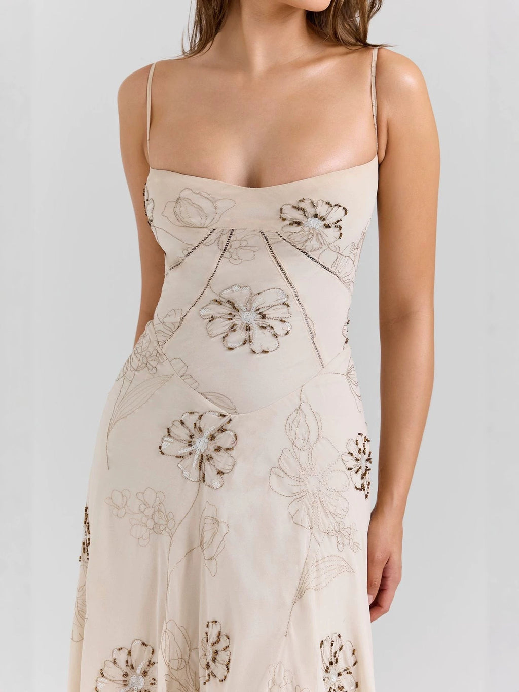 Beige Floral Beaded Spaghetti Strap Maxi Dress Avalabel
