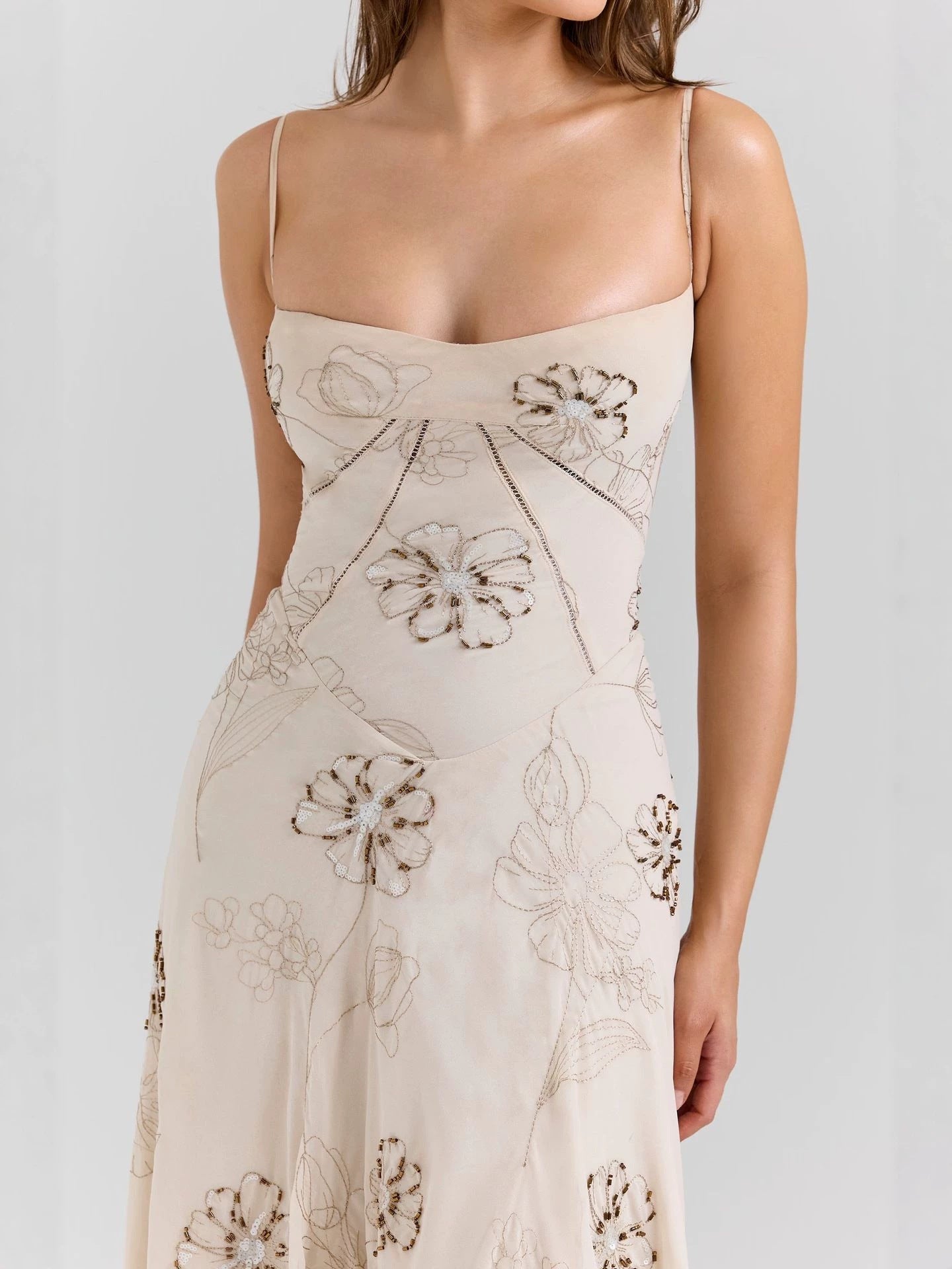Beige Floral Beaded Spaghetti Strap Maxi Dress