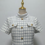 Decorative Buttons Check Mini Dress in White Avalabel