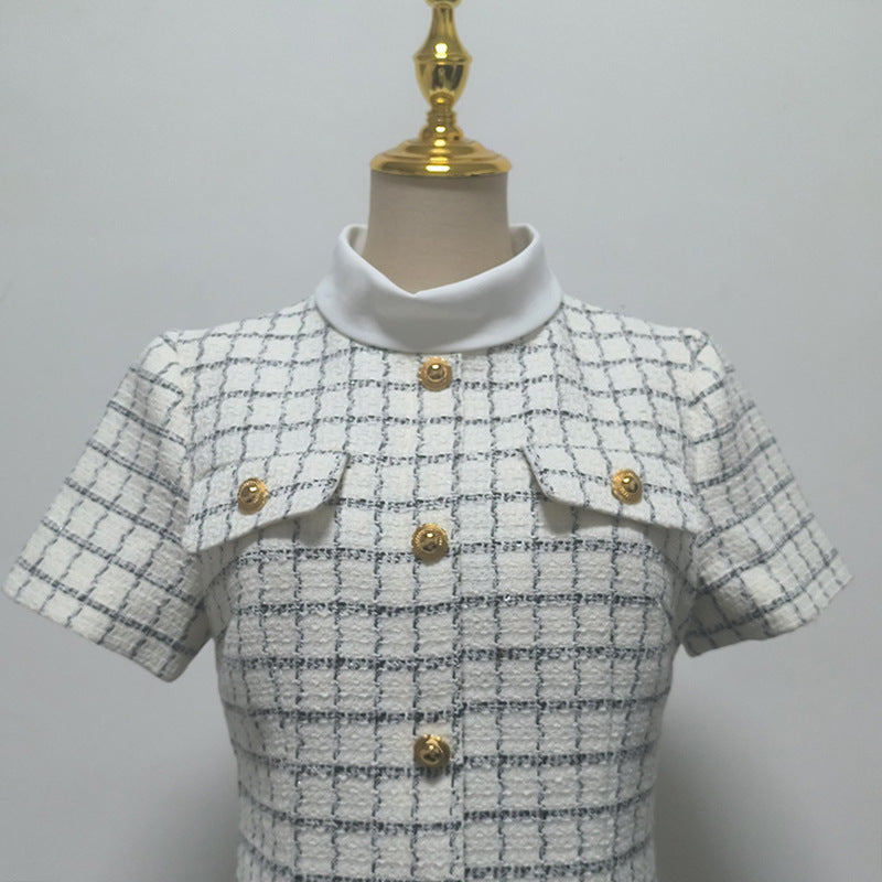 Decorative Buttons Check Mini Dress in White Avalabel
