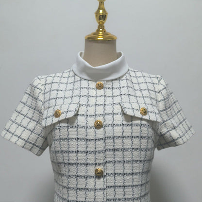 Decorative Buttons Check Mini Dress in White
