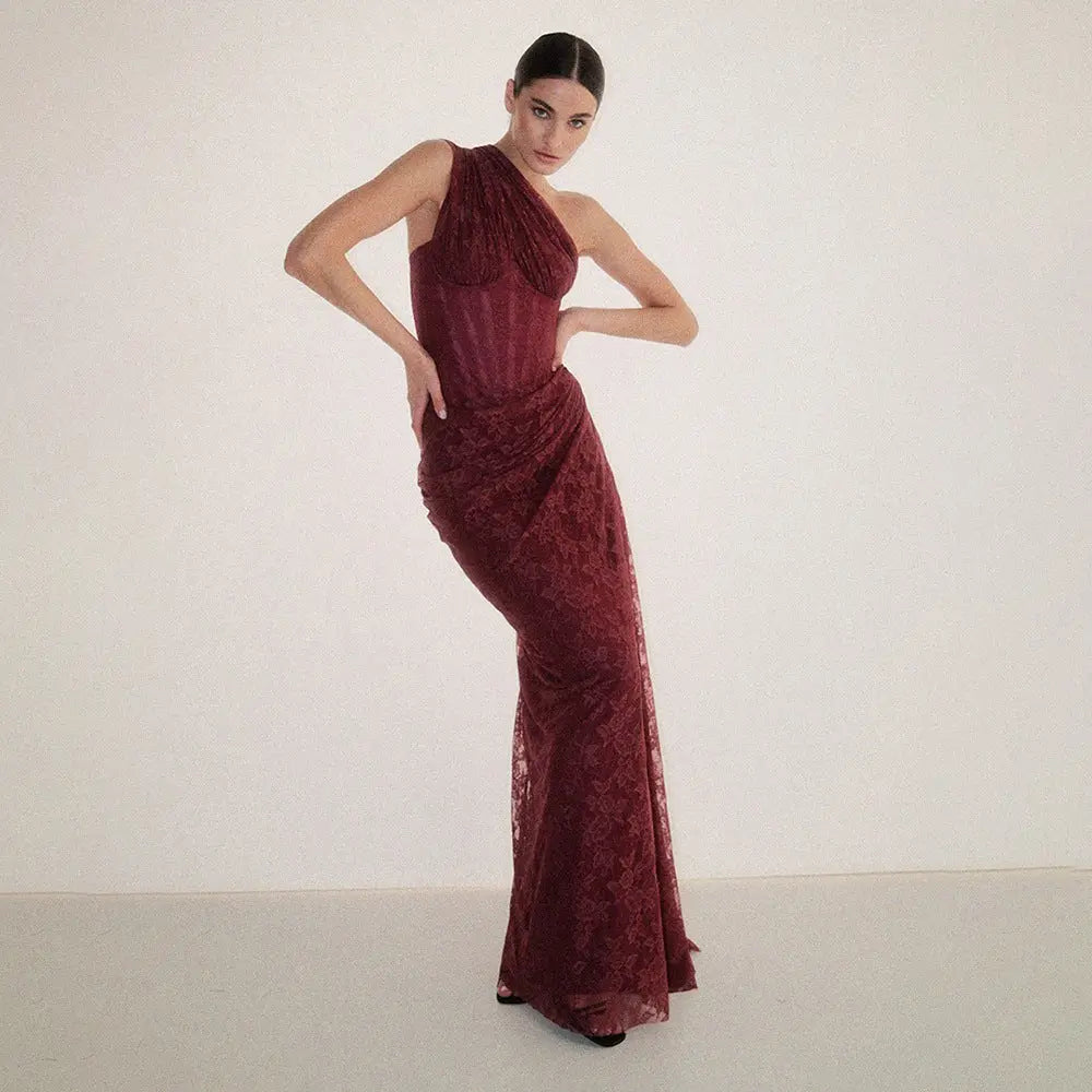 Wendy one-shoulder Lace maxi Dress In Burgundy Avalabel