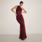 Wendy one-shoulder Lace maxi Dress In Burgundy Avalabel