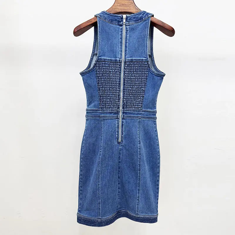 selena buttoned lace-up sleeveless mini dress in navy blue Avalabel